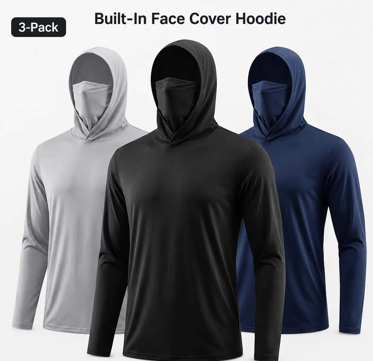 3-Pack Men’s UPF 50+ Sun Protection Hoodies with Built-in Face Cover, Lightweight Quick Dry Long Sleeve Fishing Shirts for Outdoor Work, Hiking & Camping