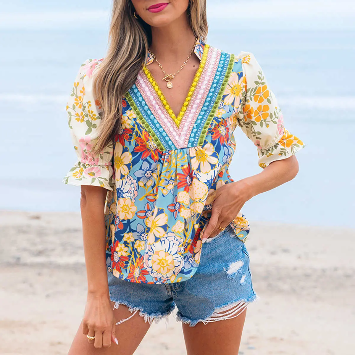 Multicolour Crochet V Neck Half Sleeve Boho Floral Blouse
