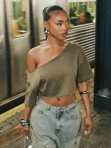 Ember x Denimoi Off Shoulder Raw Edge Crop Top Fashionable Streetwear Lounge Wear Everyday Wear