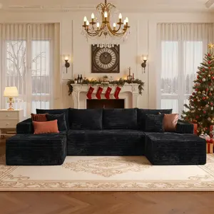 132" Modular U-Shaped Boneless Cloud Couch, Memory Foam Oversized Corduroy Sectional Sofa, Deep Seat Sleeper Sofa for Living Room, Black, No Assembly Required