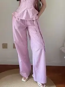 Women's Pants Fashion Pink Striped Wide Leg Pants Bow Tied High Waisted Flowy Trousers Girly Bottoms Women's Casual Party Streetwear Cute Core Lounge Bottoms