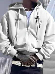 Men's Cross & Letter Print Drop Shoulder Zip Up Hoodie, Fashion Casual Regular Fit Drawstring Pocket Hooded Sweatshirt for Daily Holiday Outdoor Wear, Men Clothes for Fall & Winter, Casual Street Wear
