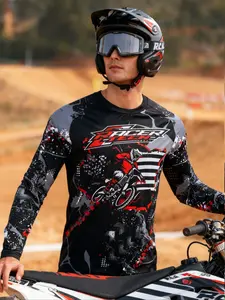 Motorcycle Off-Road Long Sleeve Shirt, Sporty Fitted Design, Random Print Pattern, Moderate Fabric Thickness, All Seasons Wear, Athletic Sports Clothing