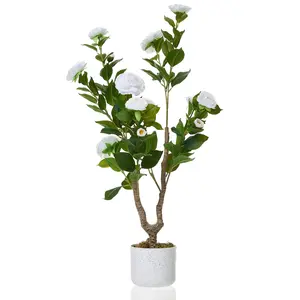 Garvee 2-piece Set Artificial Camellia Tree (75/85/90/110/120 cm), Artificial Camellia Plant with 16/20/24 Flowers, Artificial Potted Plant for Home, Front Door, Indoors and Outdoors