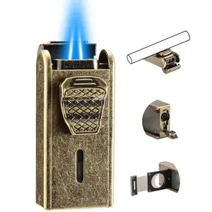 Torch Lighter, All in One Jet Flame Butane Lighter Built-in Cutter, Punch, Holder Function, Refillable and Adjustable Windproof Gas Lighter, Gifts for Men. Golden(Sold Without Gas)