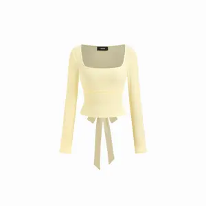 Cider Square Neck Long Sleeve Contrasting Lace Tie Back Top Dealsforyou