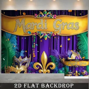 1-Piece Polyester Mardi Gras Theme Party Backdrop Banner, Reusable Purple Curtain with Golden Masks, Feathers Ornaments, Photo Booth Background Wall for Indoor Birthday Events