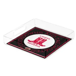 ATHENS GEORGIA Acrylic Serving Tray - Gameday Boots Ready Design - Clear Lucite with Cutout Handles - Interchangeable Insert - BPA Free - Small Size 8.5"x11"