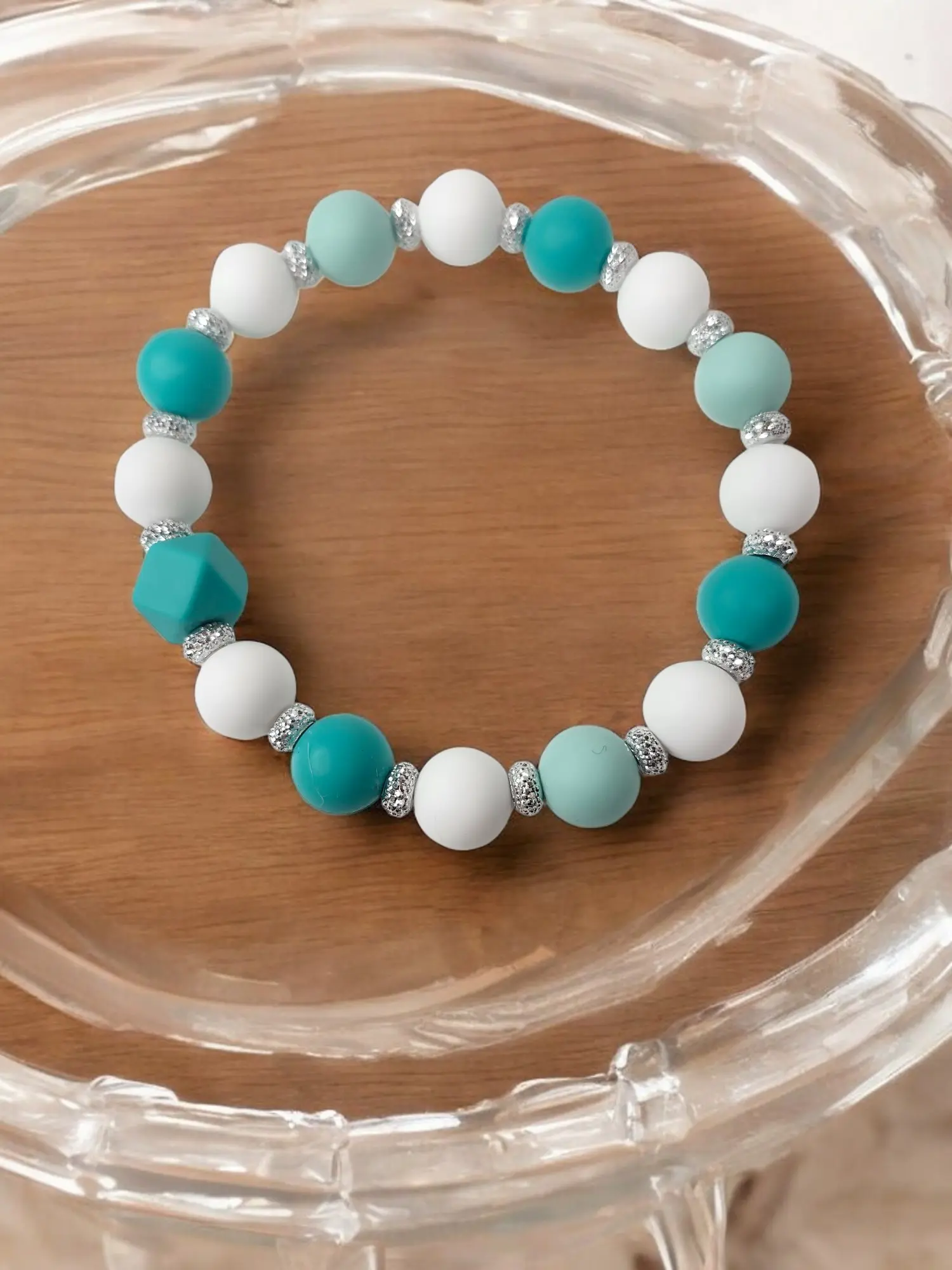 Sillicone bead wristlet,White,Teal,Light,Teal beads,Sparkle Beads