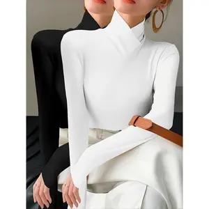 [Cross Detail Polyester Knit Tops] 2pcs High Neck Long Sleeve Turtleneck Tops for Women, Polyester Knit Fabric, Solid Color, Regular Fit, with Cross Detail, for All Seasons