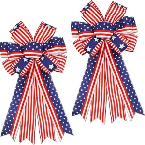 Large 4th of July Bows for Wreath 20x11 Inch 2 Pack Pre-Tied Patriotic Wired Ribbon Bow for Independence Day Memorial Day Tree Topper Bow for Front Door Outdoor Decoration Red