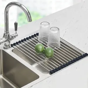 Roll Up Over Sink Dish Drying Rack – Stainless Steel Foldable Dish Drainer Mat for Kitchen Counter, Space Saving Sink Organizer (17.5” x 11.8”)