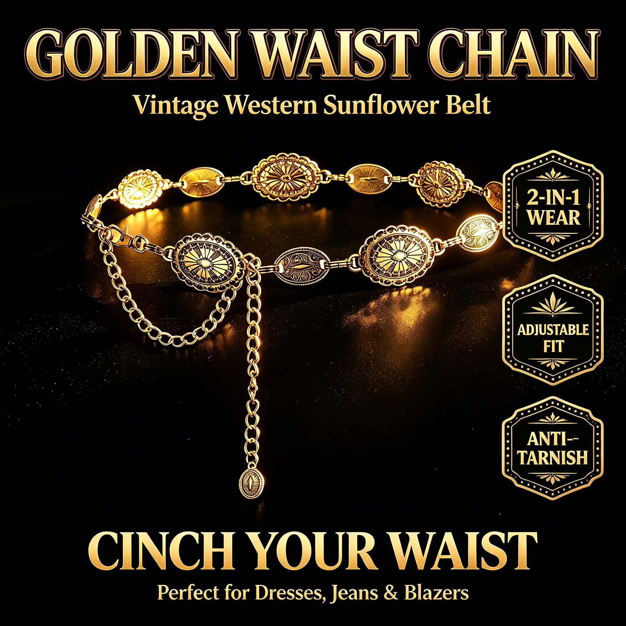 Women's Western Concho Chain Belt - 90s Boho Style Metal Waist Chain Jewelry with Engraved Coins, Western Buckle, Lobster Hook, Adjustable Tassel for Dresses, Jeans, Clothing and Accessories, Cowgirl Aesthetic, Belly Chain Waist, Concerts