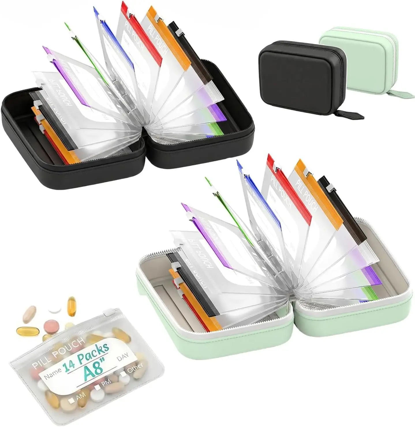 2026 A8 Waterproof Pill Pouch Set, Large Weekly Pill Organizer with 14 Color-Coded Medicine Pouches, Reusable Travel Medicine Organizer, Zippered Pill Storage for Fish Oils, Vitamins（Black）