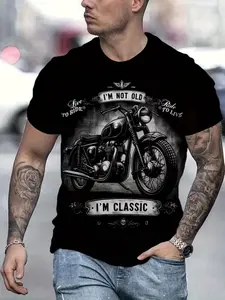 Men's Summer Casual 3D Digital Retro Motorcycle Pattern Short Sleeve Round Neck T-Shirt, Father's Day Gift, Outdoor Fashion Top