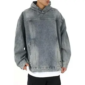 Men'sCasualPulloverDenimJacketVintageDistressedJeanHoodieJacketOversizedSweatshirtTops