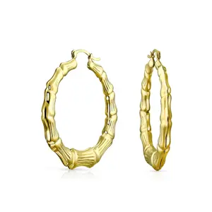 Fashion Statement Hoop Huggie Earrings 18K Gold Plated Bamboo 1-2 Inch Diameter