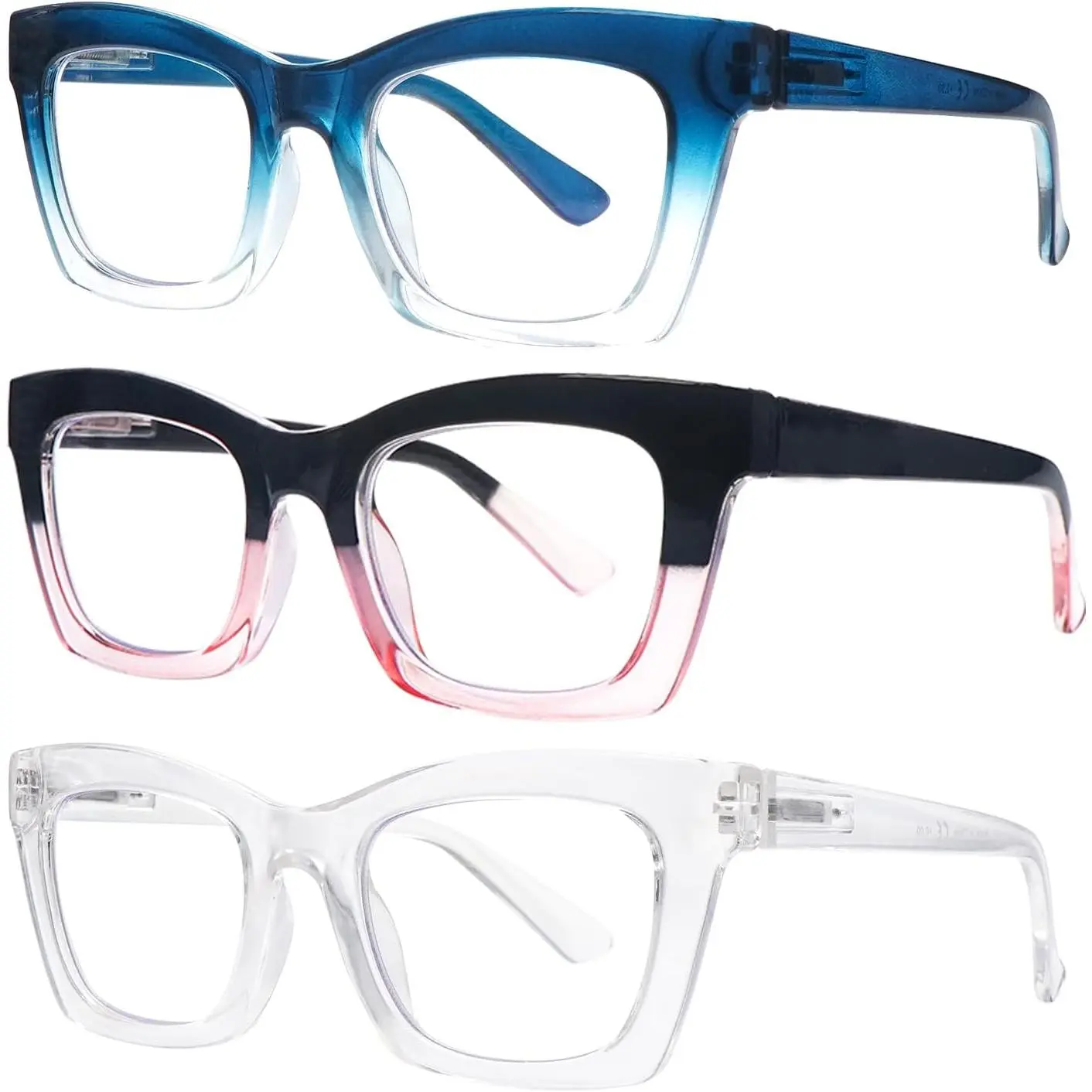 Reading Glasses 6-Pack, Unisex Square Plastic Frames with Spring Hinges, Blue Light Blocking Lens, Multi-Pack with 3 Black Frames