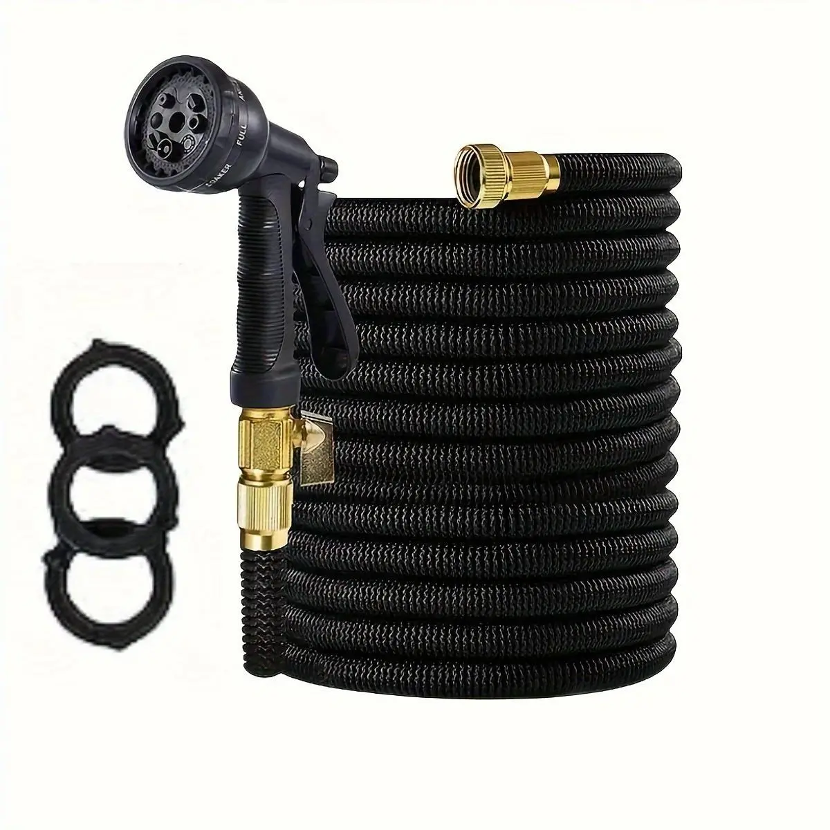 75-inch garden hose that expands up to three times its original length when filled with water, featuring an 8-mode spray nozzle and a durable 3-layer latex core. Suitable for yards, all-weather outdoor use, car washing, RVs, and lawn care.