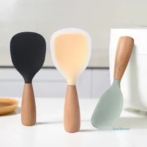 Silicone Cooking Spoon with Wooden Handle, Heat-Resistant Non-Stick Kitchen Utensil, Safe for Rice Cookers & Non-Stick Pans
