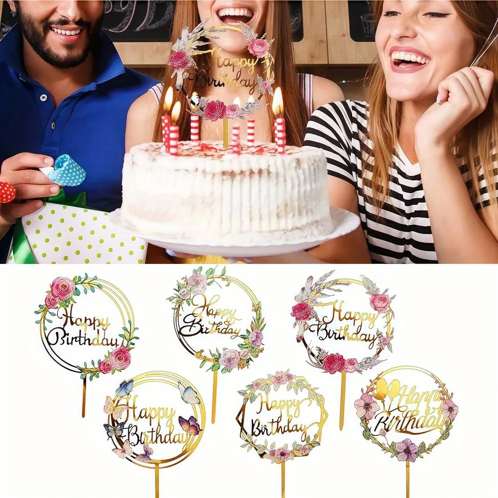 6pcs Durable Flower & Butterfly Acrylic Cake Toppers Set - Elegant Pastry Decor Tools for Women’s Birthday Party, No Excessive Promotions Cupcake Decorations