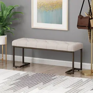 White Velvet Upholstered End of Bed Bench with Metal Frame, Modern Tufted Channel Entryway Bench Footboard Bench for Living Room, Bedroom, Gold Bench