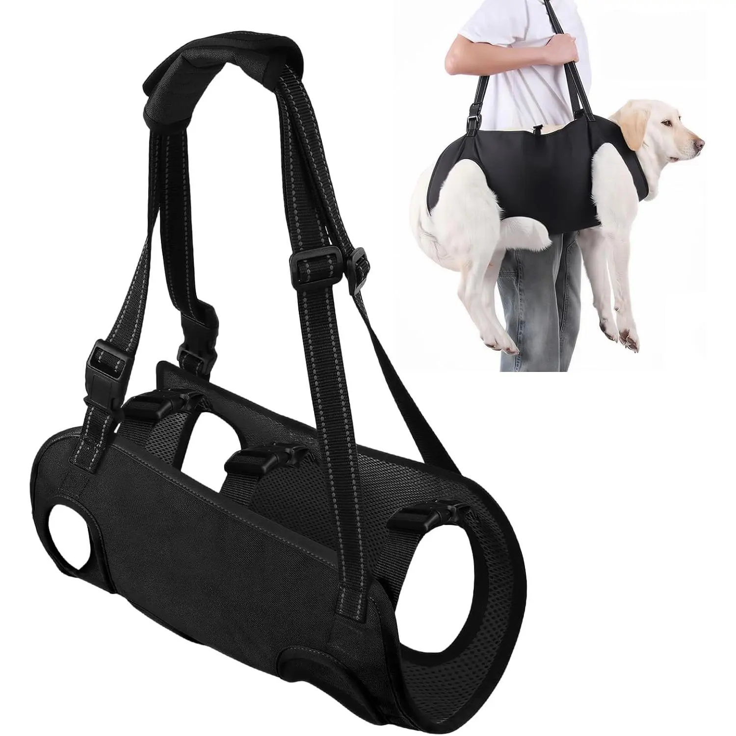 Dog Carry Sling Emergency Backpack, Adjustable Dog Lift Harness with Leg Support for Senior & Injured Dogs, Arthritis Rehabilitation Pet Carrier for Hiking, Travel & Rescue – Black (Black, X-Large)