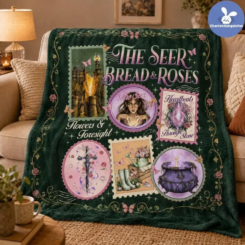 Fantasy Book Lover Fleece Blanket, Seer Inspired Bread & Roses Throw, Gothic Fantasy Cozy Blanket, Bookish Reader Gift, Romantic Fantasy Decor