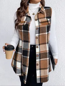 【Plus Size】 Plaid Print Button Front Vest Coat, Casual Sleeveless Collared Outerwear for Fall & Winter, Gift Set for Women, Women's Plus Size Clothes for Daily Wear