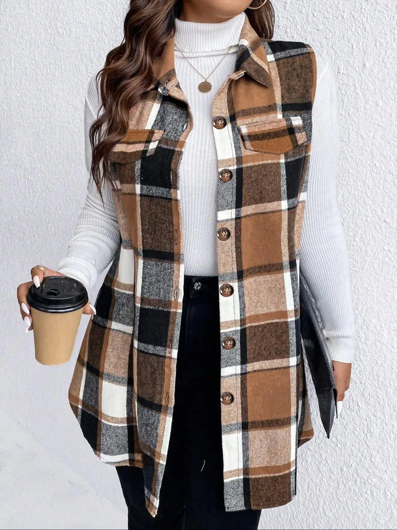 【Plus Size】 Plaid Print Button Front Vest Coat, Casual Sleeveless Collared Outerwear for Fall & Winter, Gift Set for Women, Women's Plus Size Clothes