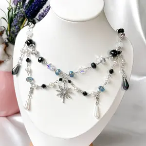 Y2K Black Silver Beaded Necklace, Fairycore Handmade Jewelry, Cute Twinkle Star, Black Cottagecore necklace, gift for her