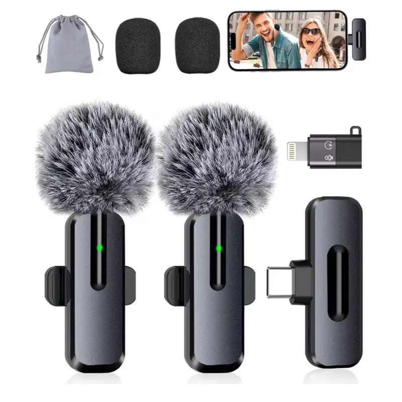 Wireless Microphone for iPhone iPad and Android Phone, 2 Pack Wireless Lavalier Lapel Mic with Noise Reduction, Plug and Play Mini Microphone for Video Recording Interview Podcast YouTube TikTok Vlog
