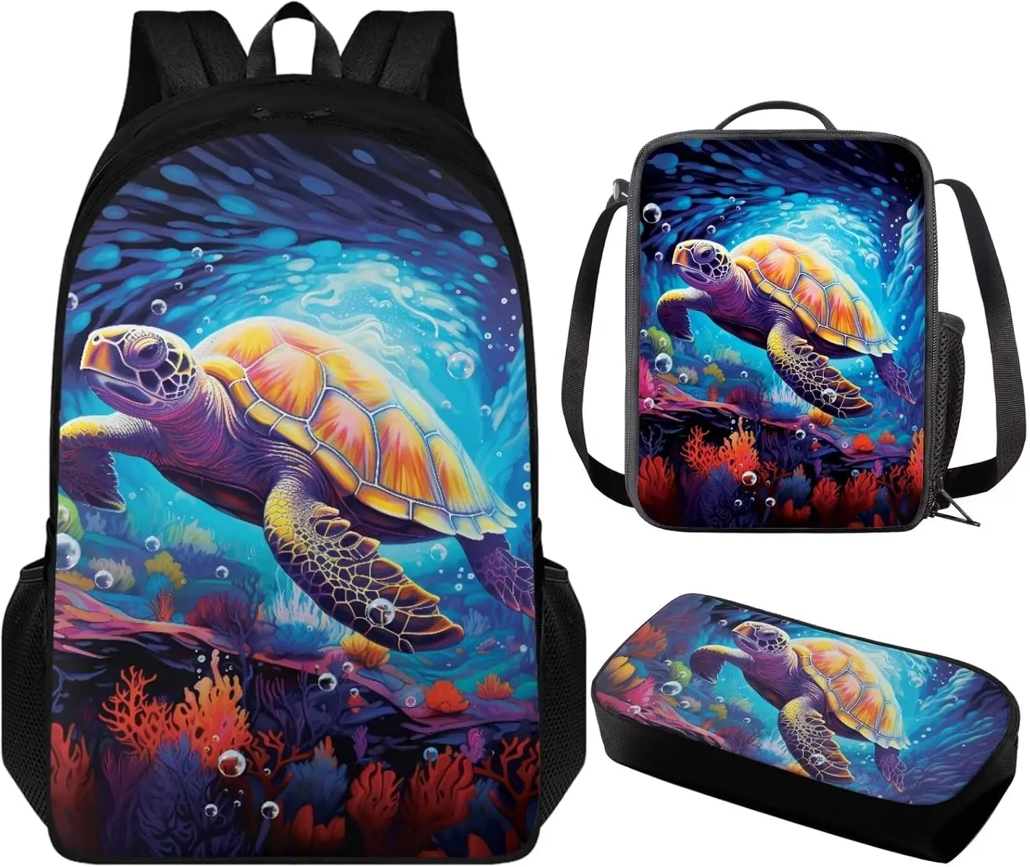 Sea Turtle School Backpack Set Teenage Boys Girls Elementary Students Schoolbag Aesthetic Kids Bookbag with Insulated Lunch Box and Pencil Case, 3 Piece