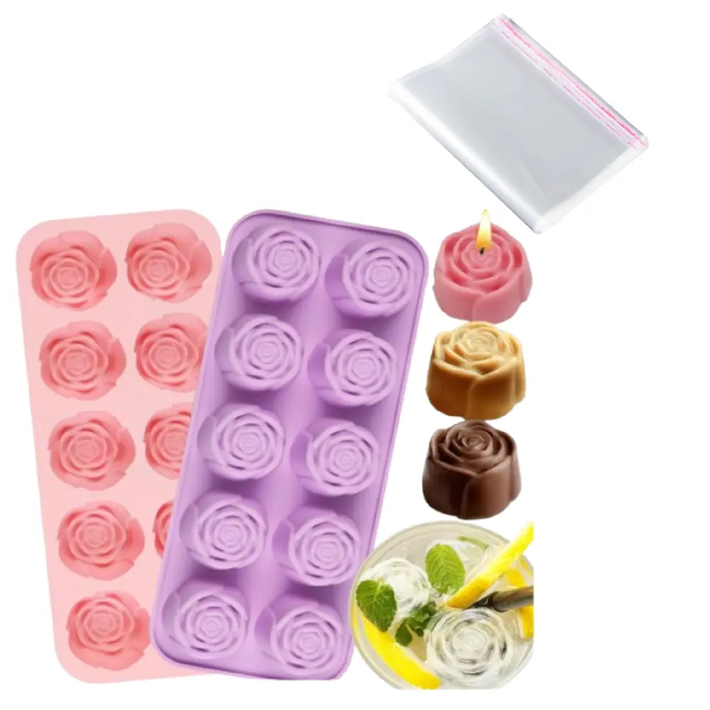 2pcs Rose Silicone Molds & 50pcs Transparent Bags - 10-Cavity Flower Molds for Chocolate, Cupcake Decor, Candles, Soaps (Wedding Party Gift Use), 2Pcs Silicone Molds & 50Pcs Transparent Bags