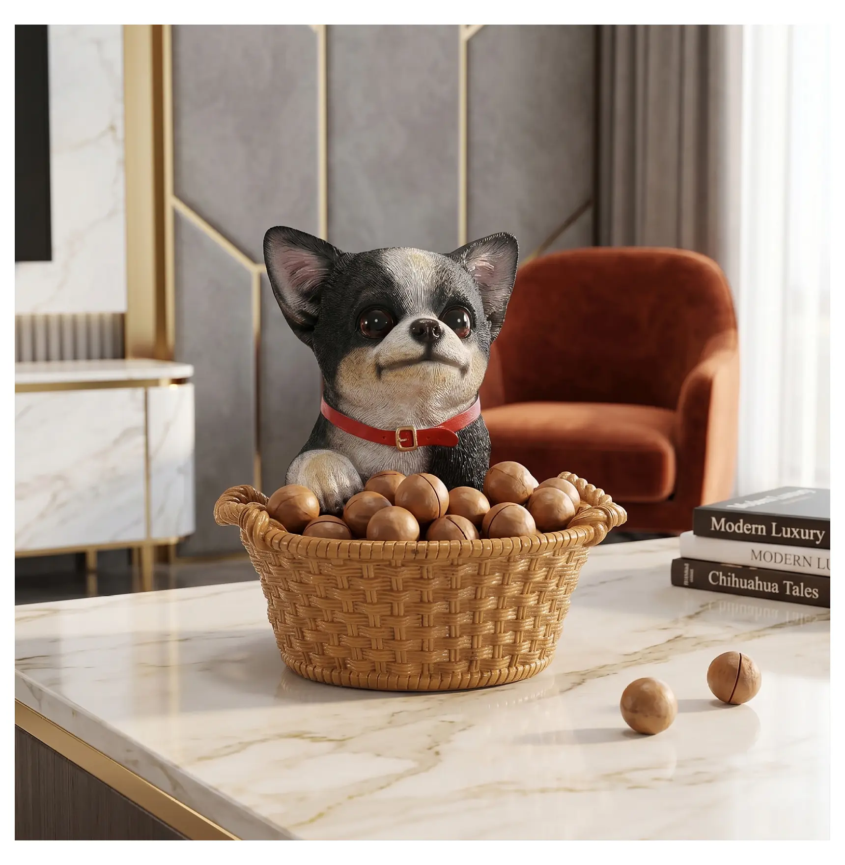 Chihuahua Statue with Bowl, Resin Puppy Figurine, Key Holder Tray - Black & White, Pet Lover Gift Black White + Resin