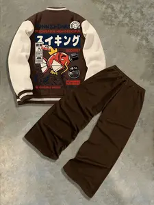 TikMen Men's Casual Street Style Baseball Jacket & Sweatpants Set, Colorblock, Fall Winter Warm, Long Sleeve Fitted Design