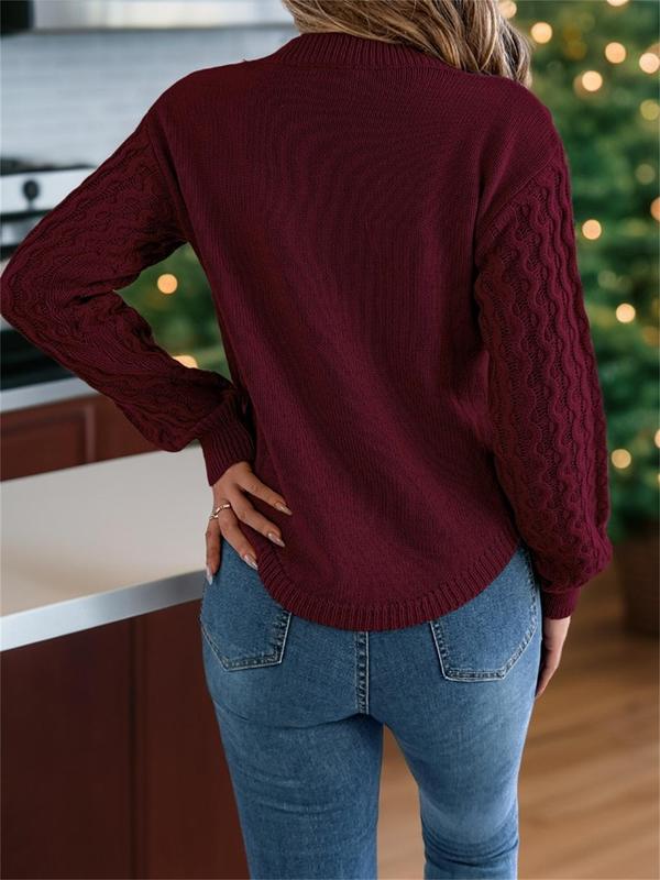 Women's Textured Curved Hem Cable Knit Sweater, Casual Long Sleeve Round Neck Jumper for Fall & Winter, Fashion Ladies' Knitwear for Daily Wear