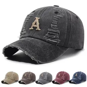 Unisex Soft Crown Baseball Cap Washed Distressed Ripped Hat with Embroidery & Frayed Edge Casual Versatile Outdoor Sun Visor Cap