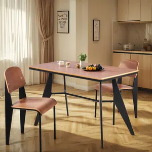 Modern Industrial Table & Chairs Set with Walnut Oak Finish, Contemporary Minimalistic Dining Set, Compact for Small Spaces, Light Commercial Furniture, Home Office Desk Set Heavy-Duty Steel Frame