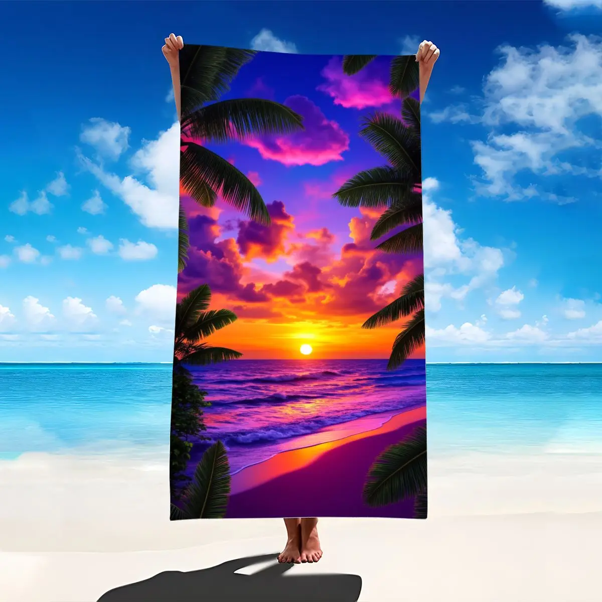 1pc Quick-Dry Microfiber Beach Towel with Tropical Sunset, Palm Tree & Ocean Print, Lightweight Cover for Pool & Travel (Bath Towel for Spa Use)