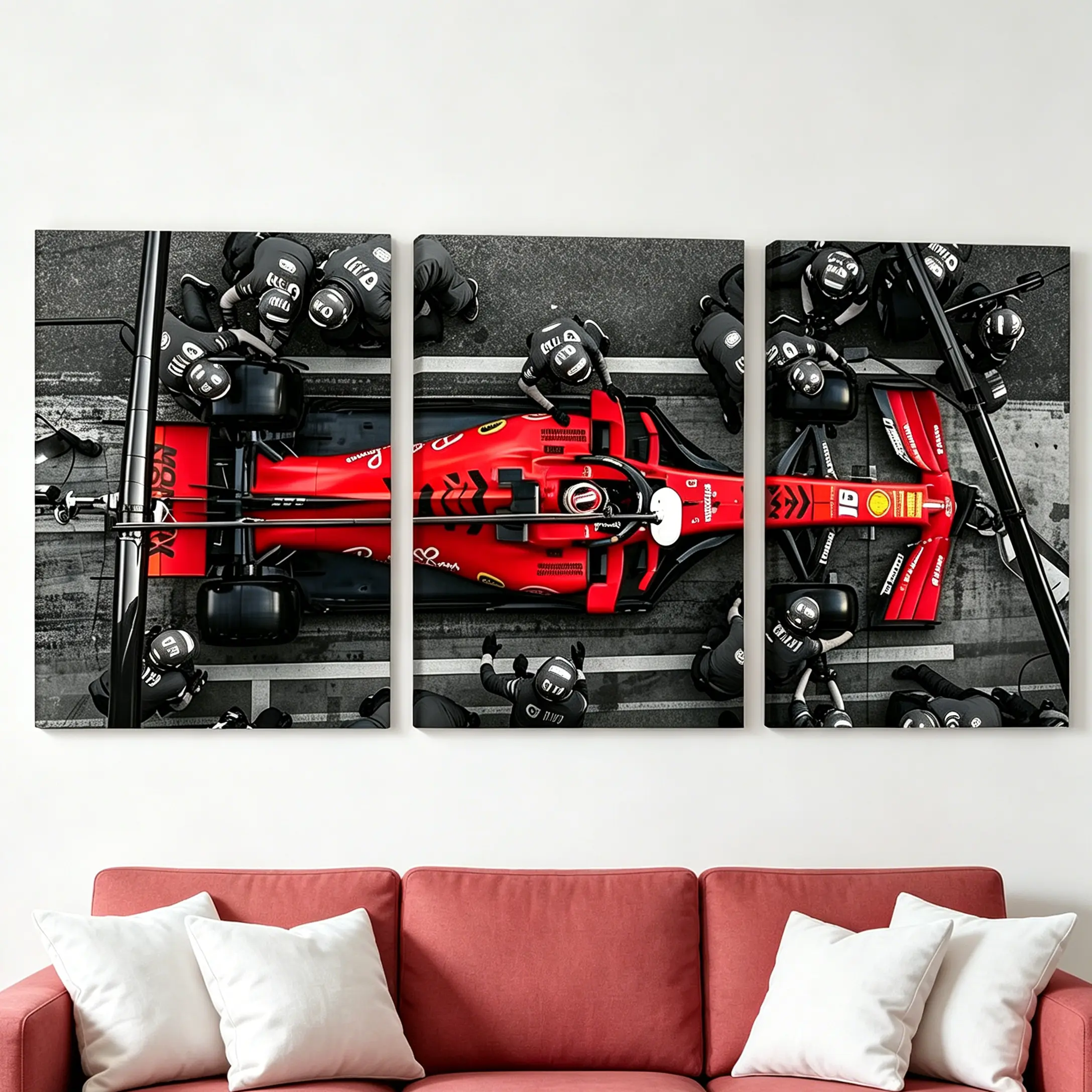 3-Piece Framed Formula 1 Canvas Artwork Set, F1 Pit Stop Racing Prints with Red Ferrari Car, Modern Sports Home Decor & Decoration for Man Cave Living Room