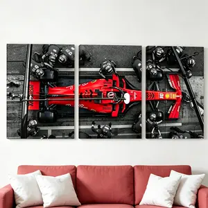 Framed Formula 1 Canvas Wall Art Set, 3-Piece F1 Pit Stop Racing Themed Prints, Red Ferrari Car-Themed Canvas Decor, Modern Sports Wall Decoration for Man Cave Living Room