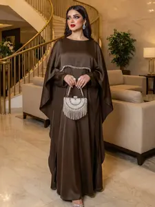 CL43 Satin cape elegant Muslim dress, Modest Party Open Butterfly Pearl rhinestone Abayas, For Evening Party/Wedding Guest/Anniversary,Unique design, luxurious texture,Fashionweek