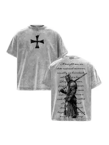 valentine shirts Men's washed street style T-shirt | Knight's cross and medieval text printing, casual daily outing and urban adventure wear, front and back printing, retro heavy T-shirt, perfect gift, loose, comfortable and breathable