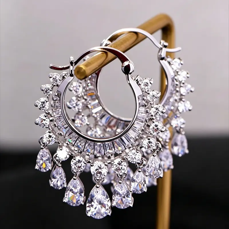 Elegant Artificial Zircon Pendant Earrings, Romantic Fringe Design, Perfect for Weddings and Parties, Fashion Jewelry Gift for Women, Fashionable Hoop Earrings, Artificial Zirconia Earrings, Stylish Jewelry