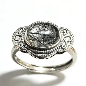 Vintage Ornate 925 Silver Adjustable Ring with Natural Black Rutilated Quartz