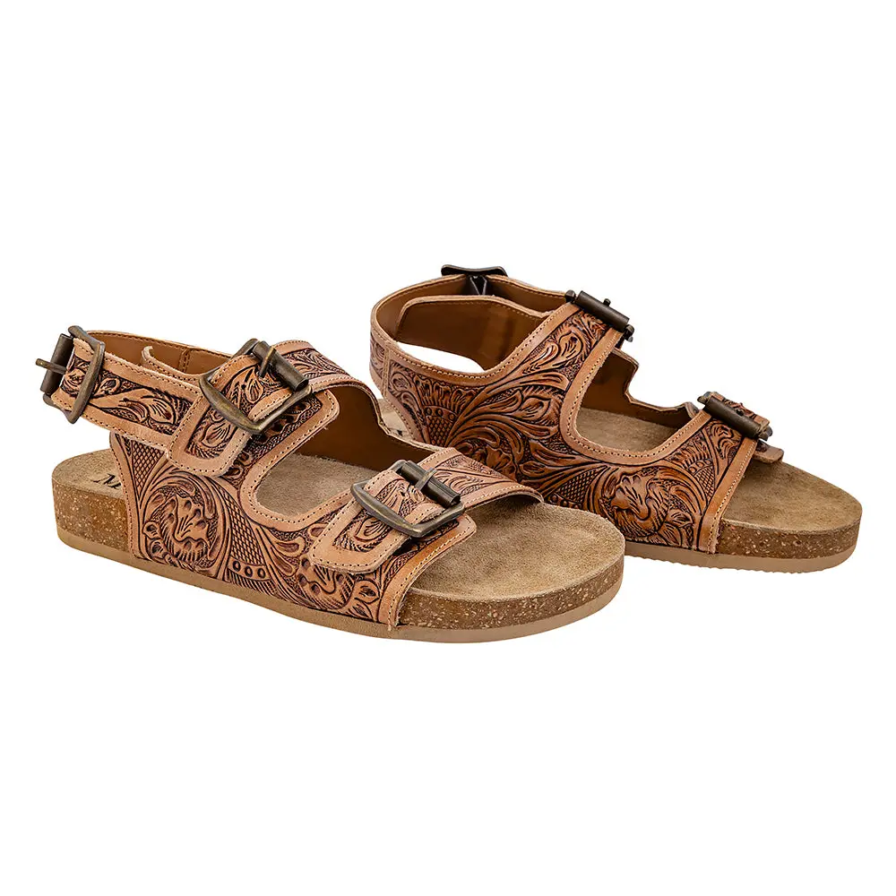 Women's Classic Cowgirl Sandals, Western Style Hand-Tooled Genuine Leather Slides with Adjustable Buckle and Cork Sole Footwear, Eva Foam, Flat-Toe Design, Strap Design Women's Sandals, Casual Wear, Sandals For Women