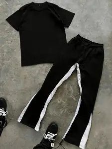Men's Fashion Streetwear Colorblock T-Shirt and Wide Leg Pants Set, Short Sleeve + Side Stripe, Loose Fit, All Seasons