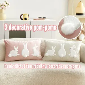 Classic Patch Embroidery Rabbit Fur Pillow Cover, Bunny Tail Decor, Easter Home Decoration, Bedroom Decorative Accessories, Living Room Sofa Bed Cushion Case