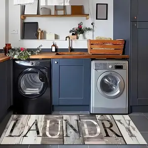 Laundry Room Letter Pattern Floor Mat, Non-slip Wood Grain Floor Carpet, Decorative Area Rug for Home Kitchen Laundry Room